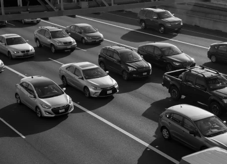 A parking lot full of cars.