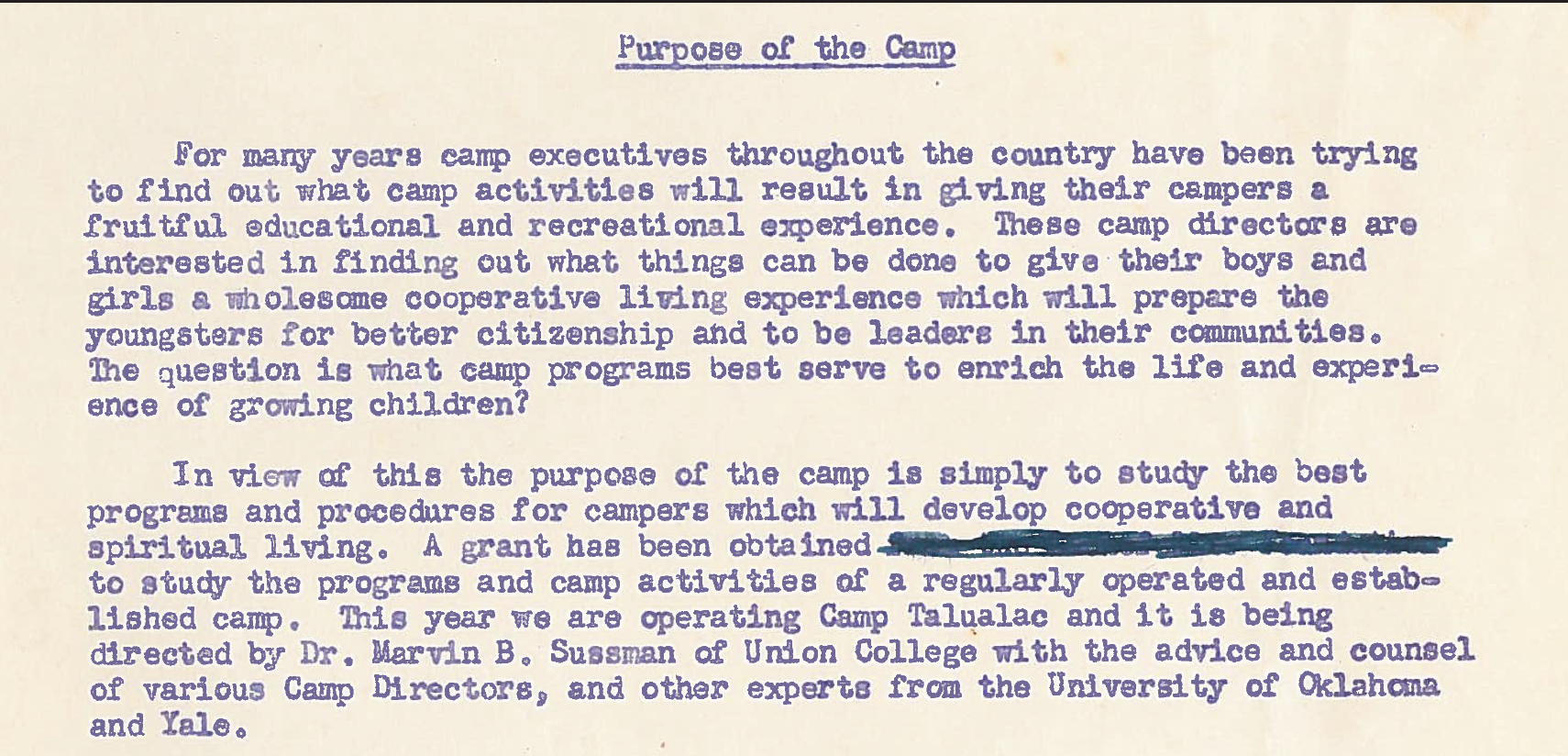 Description of the purpose of the camp studies provided to parents in 1953.