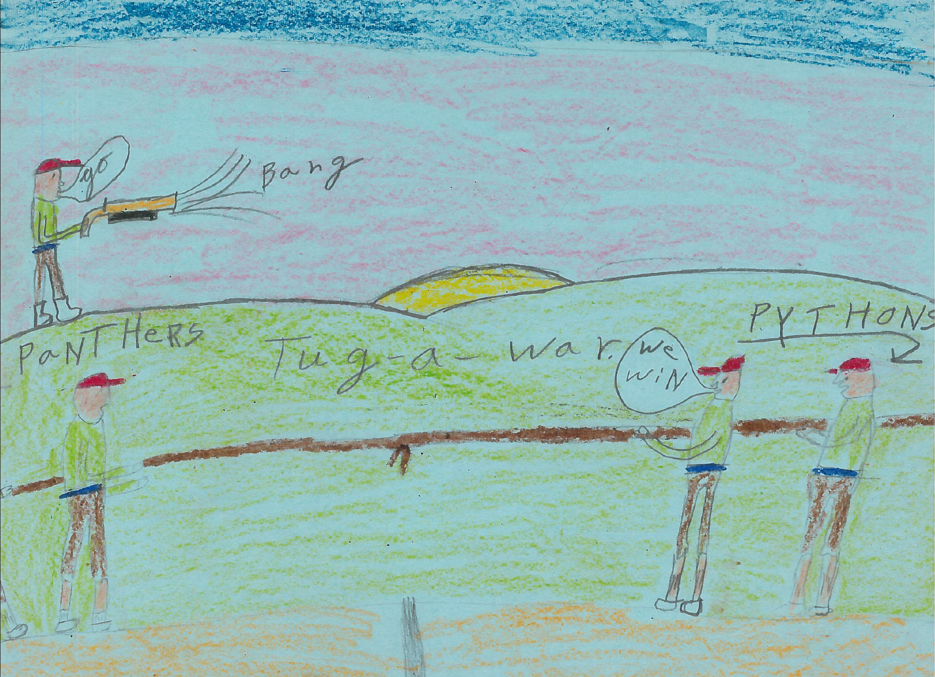A drawing from a boy at the 1953 camp featuring two teams engaged in a tug-of-war, complete with a figure armed with a starter pistol.
