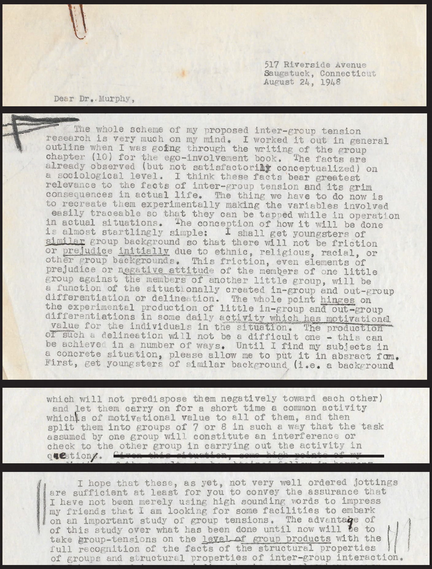 Muzafer Sherif lays out his vision for a study of intergroup conflict using boys summer camps in these excerpts from a 1948 letter to his former Ph.D. advisor, Gardner Murphy.