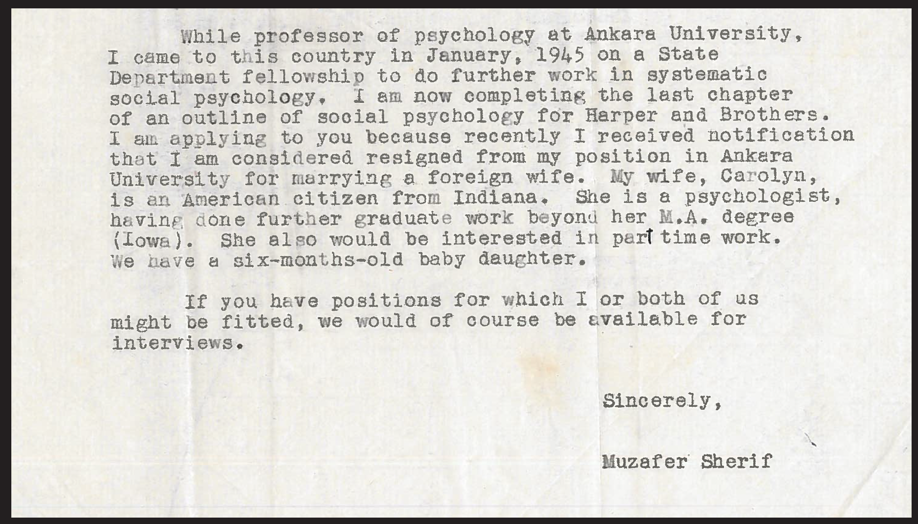 One of the many letters Muzafer Sherif exchanged with his American colleagues explaining the realities of his situation and his search for employment.