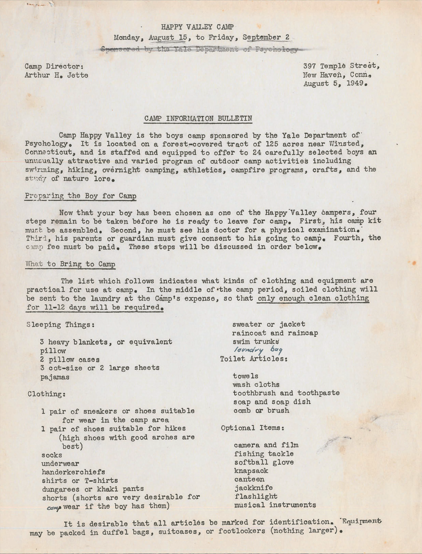 The camp information bulletin sent to parents of the campers in 1949; similar bulletins were sent to the parents of the 1953 and 1954 camps.