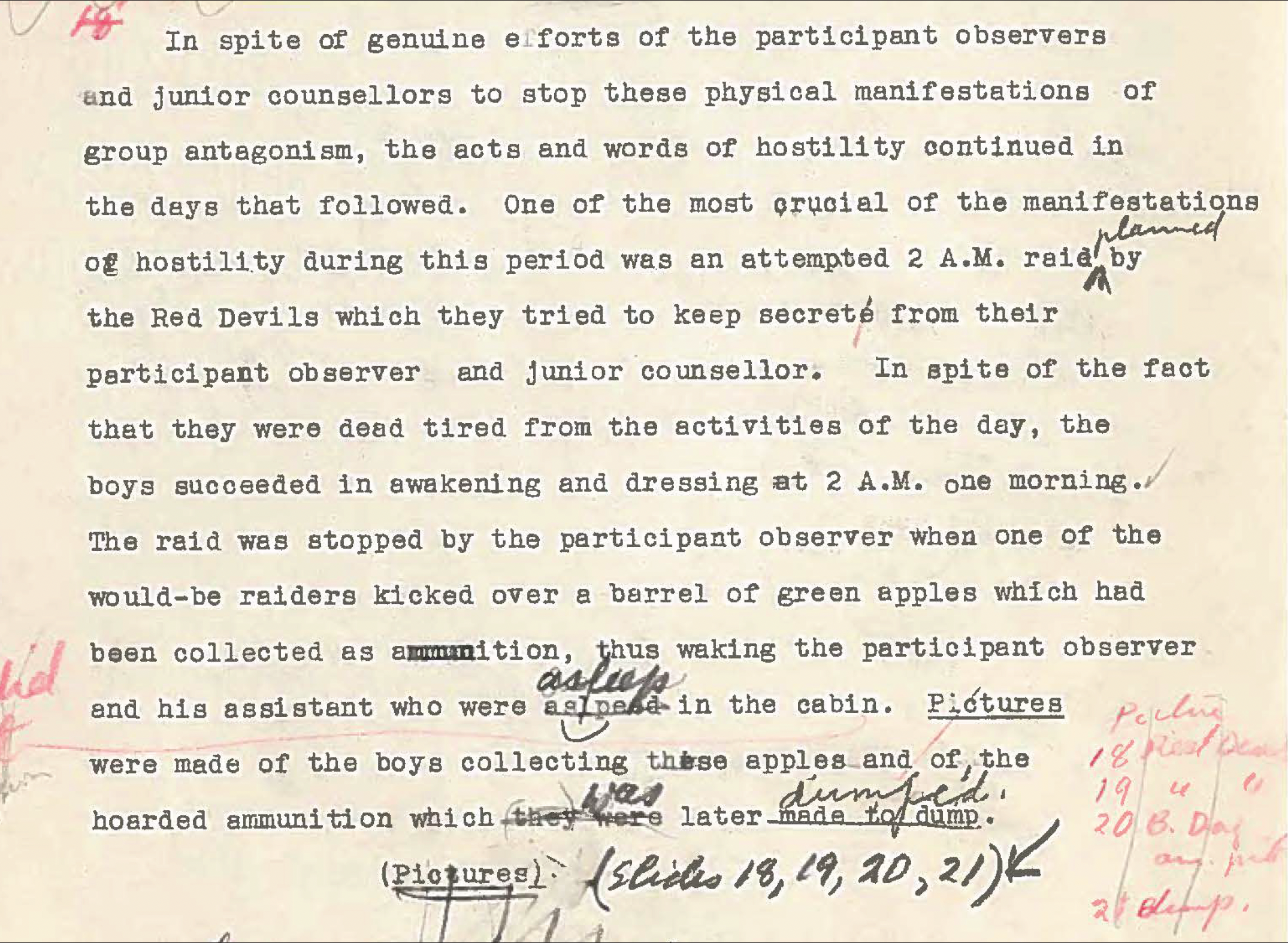 Segment of edited presentation notes in which Sherif describes the growing antagonism between the campers and the attempts by one group to “raid” the cabin of the other group.