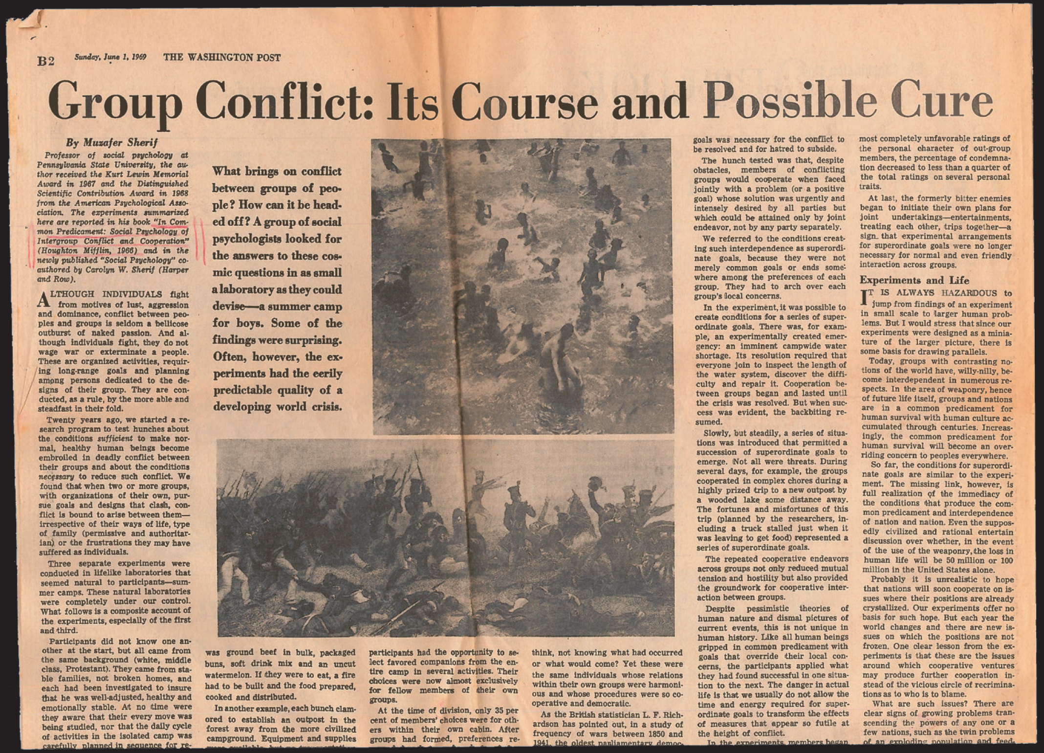 To highlight the parallels between summer camp activities and real-world conflict, Muzafer Sherif’s summary of the three camp studies, published in The Washington Post in 1969, featured a photograph of a group of young boys playing in the water alongside a painting of soldiers fighting in the American Revolutionary War.
